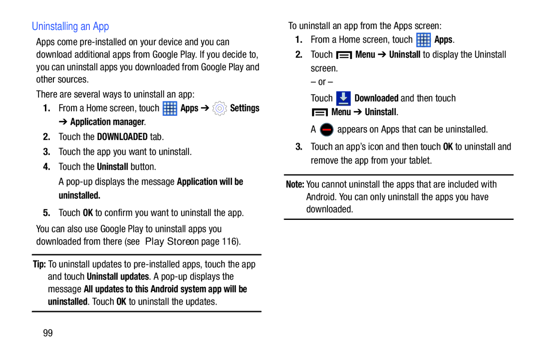 Samsung SM-T2105GYYXAR user manual Uninstalling an App, Menu Uninstall, Appears on Apps that can be uninstalled 