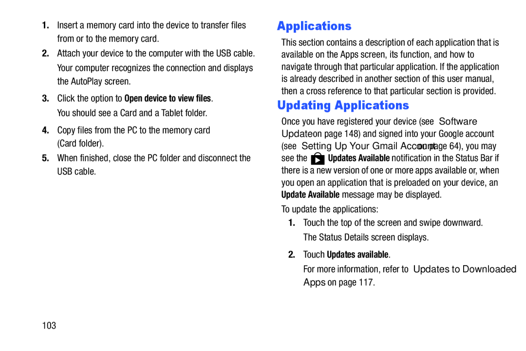 Samsung SM-T2105GYYXAR user manual Applications Updating Applications, To update the applications, Touch Updates available 