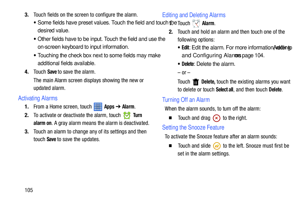 Samsung SM-T2105GYYXAR Activating Alarms, Editing and Deleting Alarms, Turning Off an Alarm, Setting the Snooze Feature 