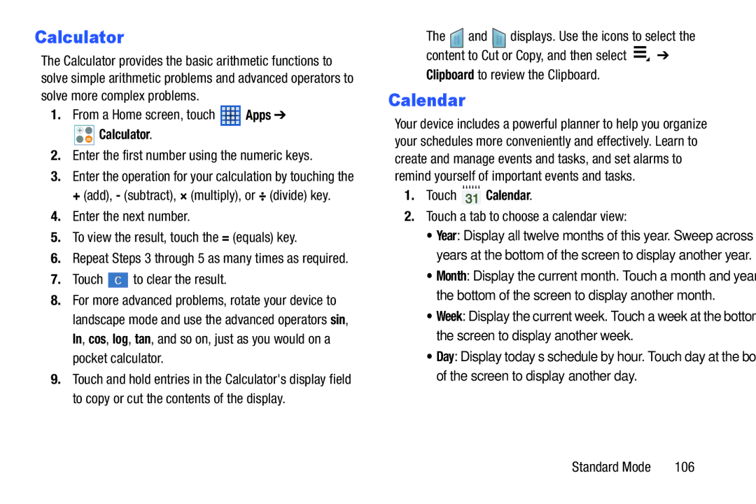 Samsung SM-T2105GYYXAR user manual Calculator, Touch Calendar 