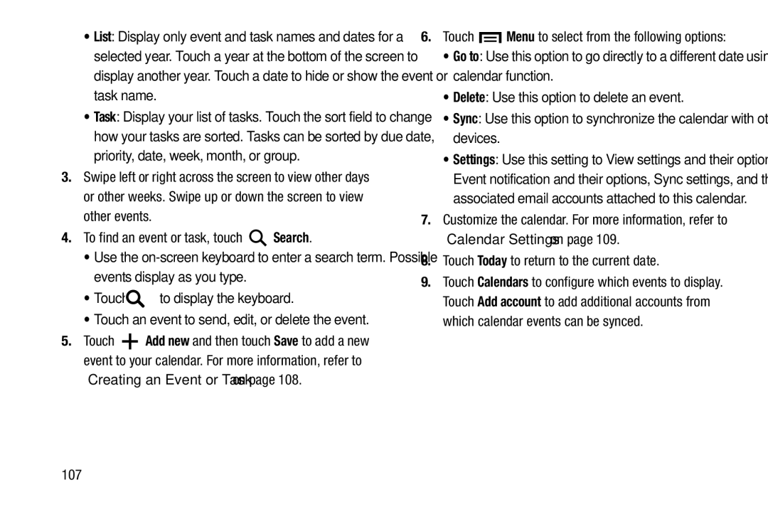 Samsung SM-T2105GYYXAR user manual Touch Today to return to the current date, 107 