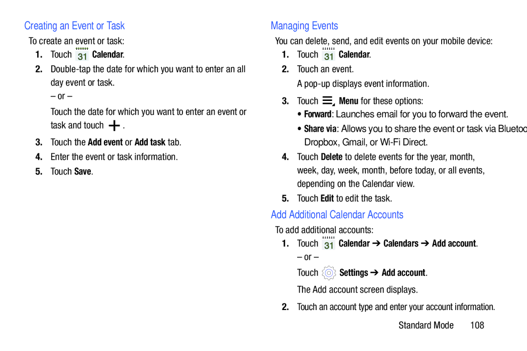 Samsung SM-T2105GYYXAR user manual Creating an Event or Task, Managing Events, Add Additional Calendar Accounts 