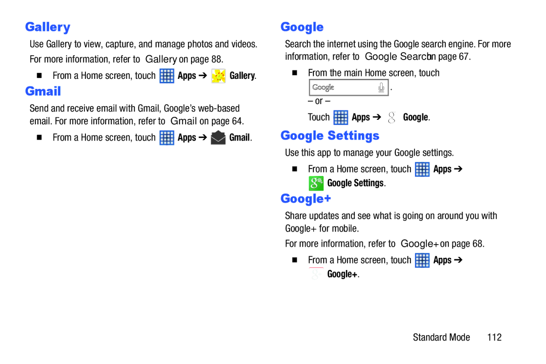 Samsung SM-T2105GYYXAR user manual Google Settings, Touch Apps Google 