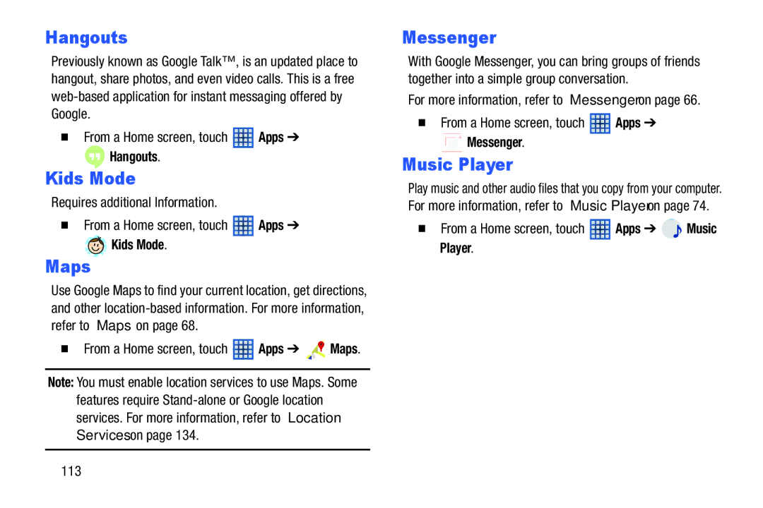 Samsung SM-T2105GYYXAR user manual Kids Mode,  From a Home screen, touch Apps Music Player 113 