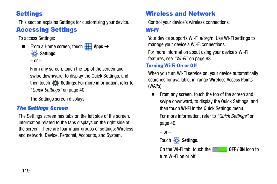 Samsung SM-T2105GYYXAR user manual Accessing Settings, Wireless and Network, Turning Wi-Fi On or Off 