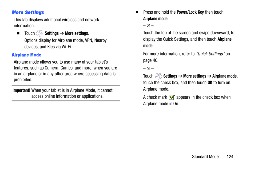 Samsung SM-T2105GYYXAR user manual More Settings,  Touch Settings More settings, Airplane Mode, 124 