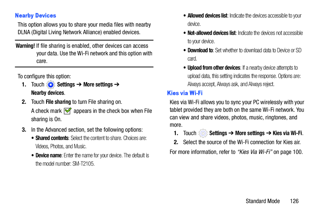 Samsung SM-T2105GYYXAR user manual Nearby Devices, Touch Settings More settings Nearby devices, Kies via Wi-Fi 