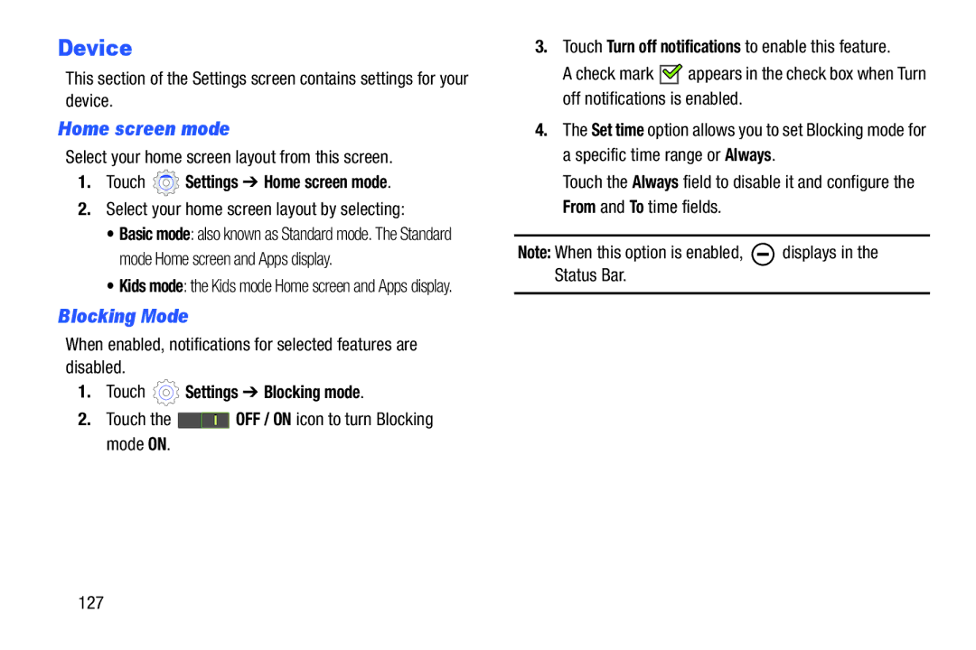 Samsung SM-T2105GYYXAR user manual Device, Blocking Mode, Touch Settings Home screen mode, Touch Settings Blocking mode 