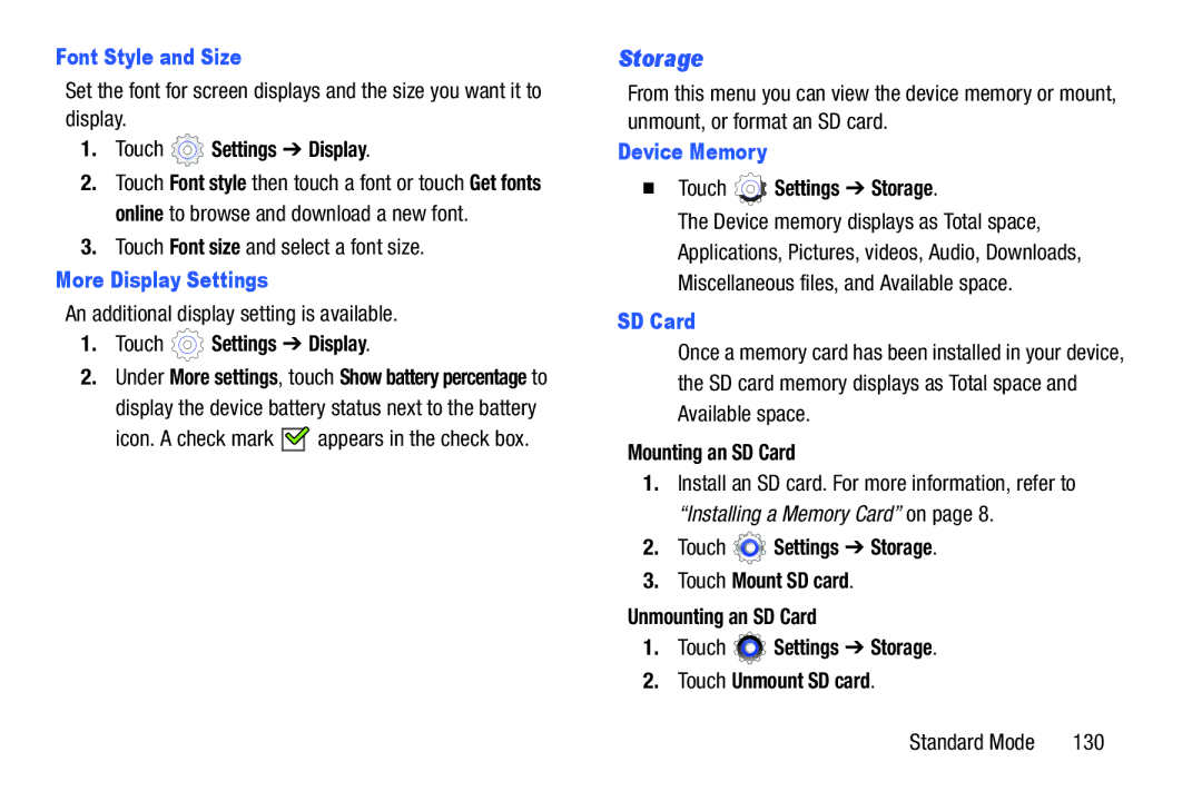 Samsung SM-T2105GYYXAR user manual Storage, Font Style and Size, More Display Settings, Device Memory, SD Card 