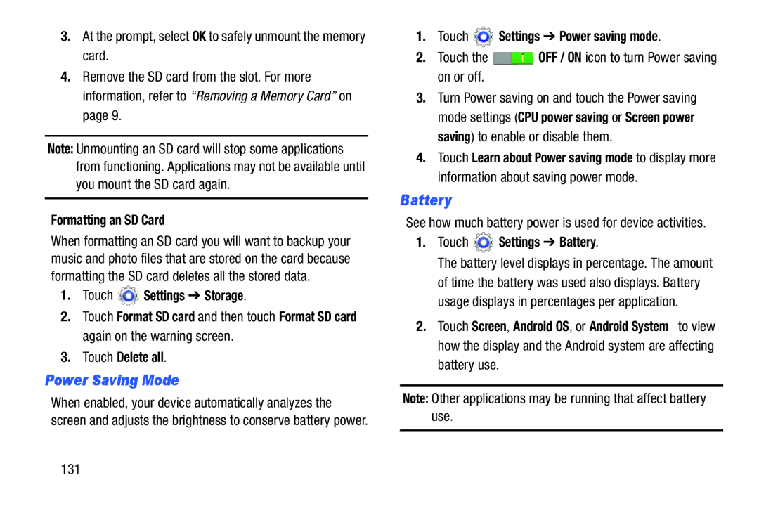 Samsung SM-T2105GYYXAR user manual Power Saving Mode, Battery 