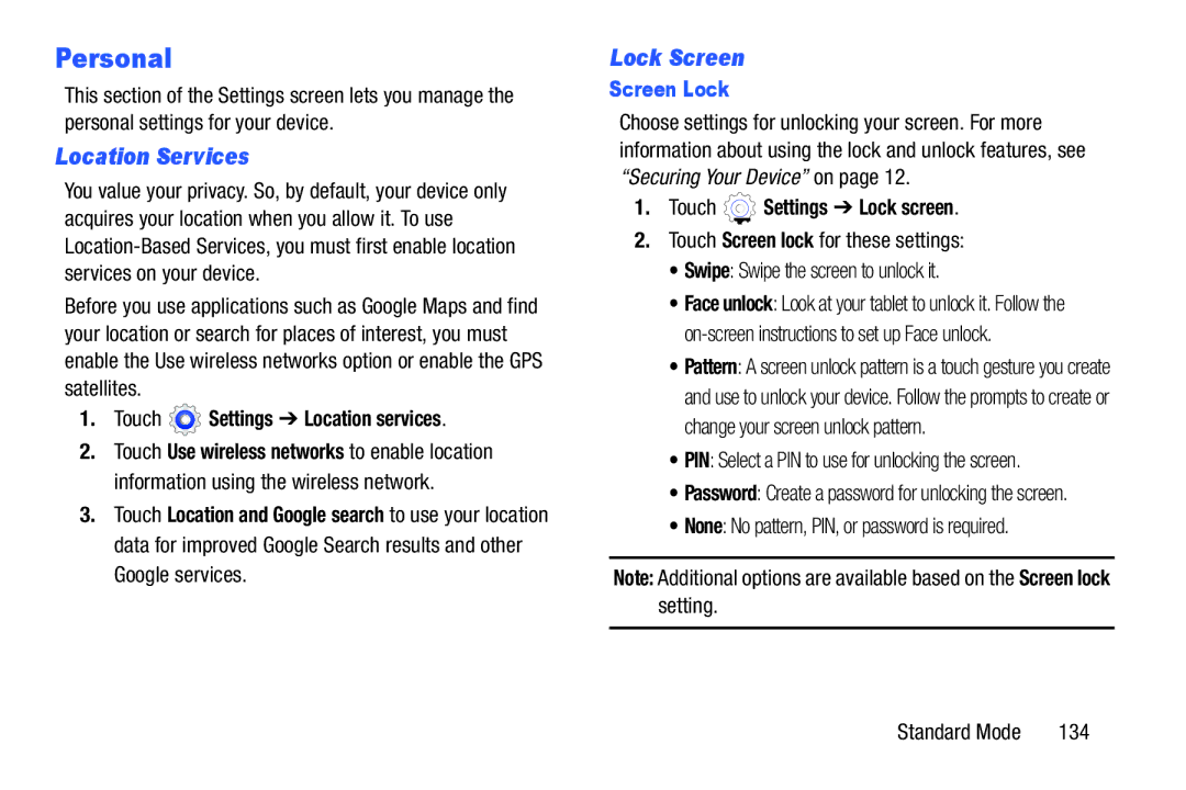 Samsung SM-T2105GYYXAR user manual Personal, Location Services, Lock Screen, Screen Lock 