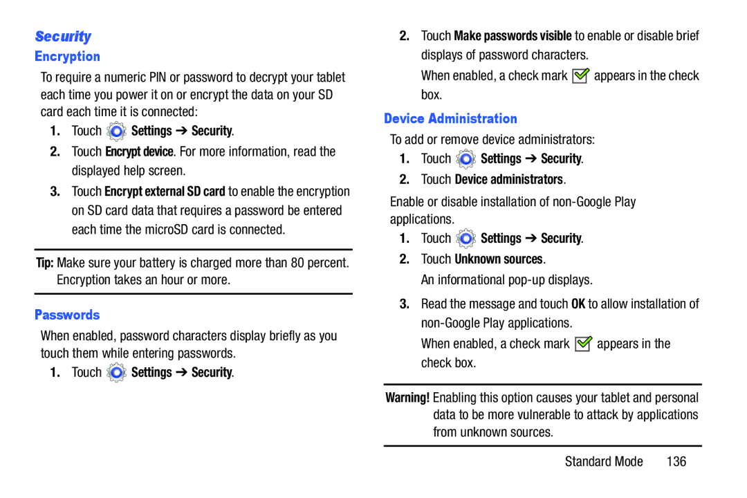 Samsung SM-T2105GYYXAR user manual Security, Encryption, Passwords, Device Administration 