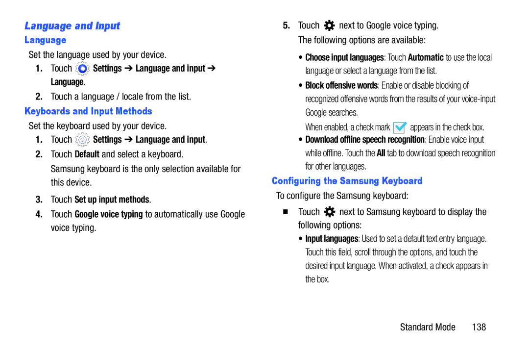 Samsung SM-T2105GYYXAR Language and Input, Touch Settings Language and input Language, Keyboards and Input Methods 