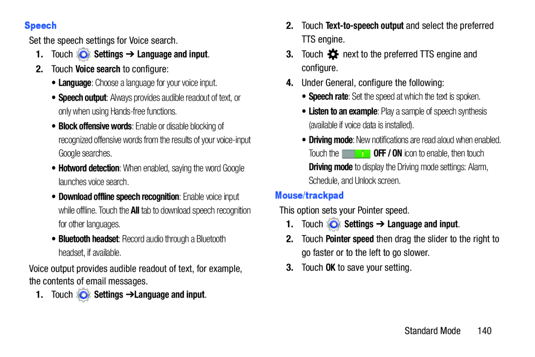 Samsung SM-T2105GYYXAR user manual Speech, Mouse/trackpad 