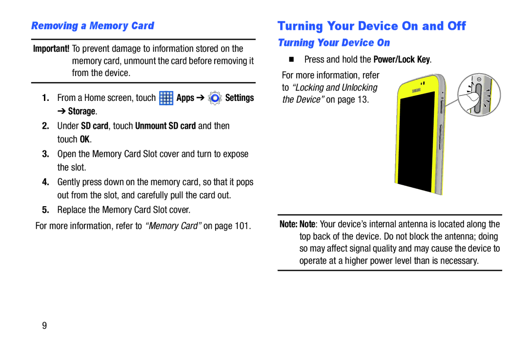 Samsung SM-T2105GYYXAR Turning Your Device On and Off, Removing a Memory Card,  Press and hold the Power/Lock Key 