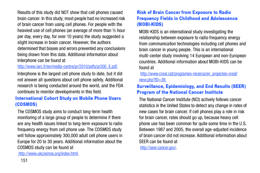 Samsung SM-T2105GYYXAR user manual International Cohort Study on Mobile Phone Users Cosmos, 151 