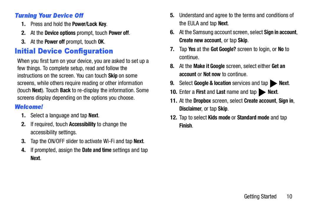 Samsung SM-T2105GYYXAR user manual Initial Device Configuration, Turning Your Device Off, Welcome 