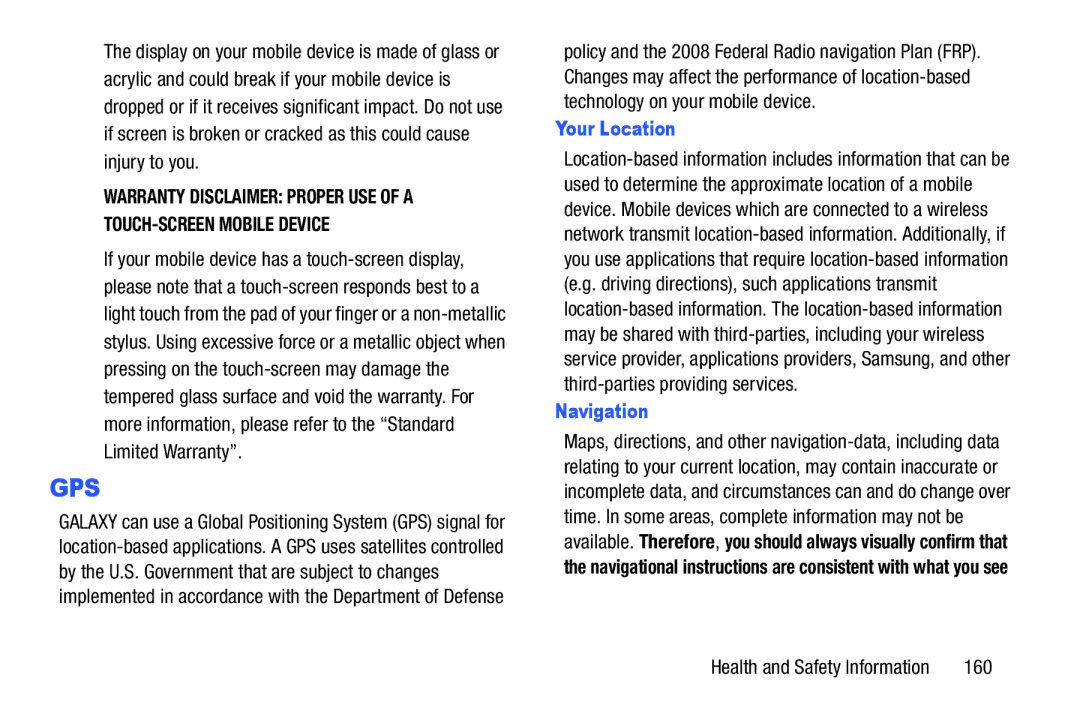 Samsung SM-T2105GYYXAR user manual Your Location, Navigation, 160 