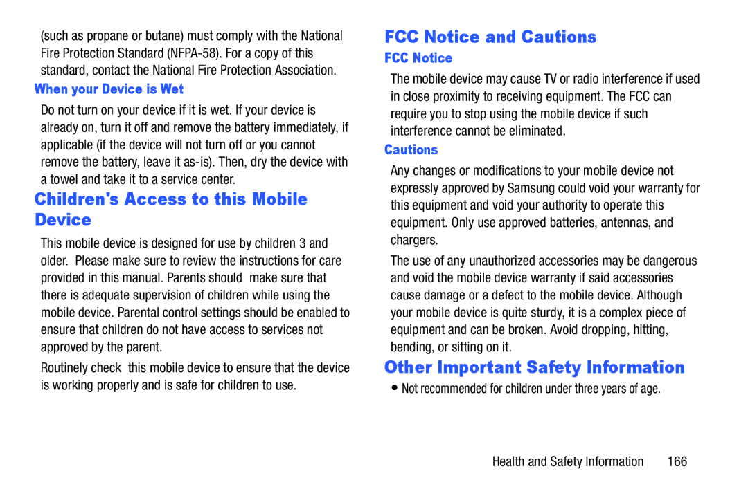 Samsung SM-T2105GYYXAR Childrens Access to this Mobile Device, FCC Notice and Cautions, Other Important Safety Information 