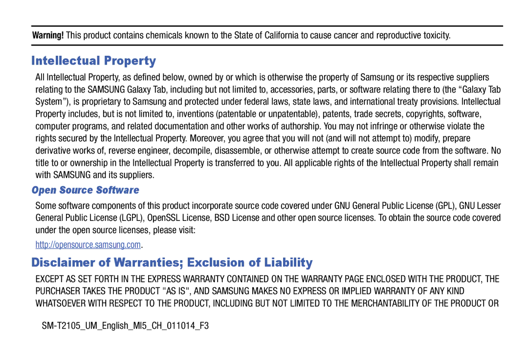 Samsung SM-T2105GYYXAR user manual Intellectual Property, SM-T2105UMEnglishMI5CH011014F3 