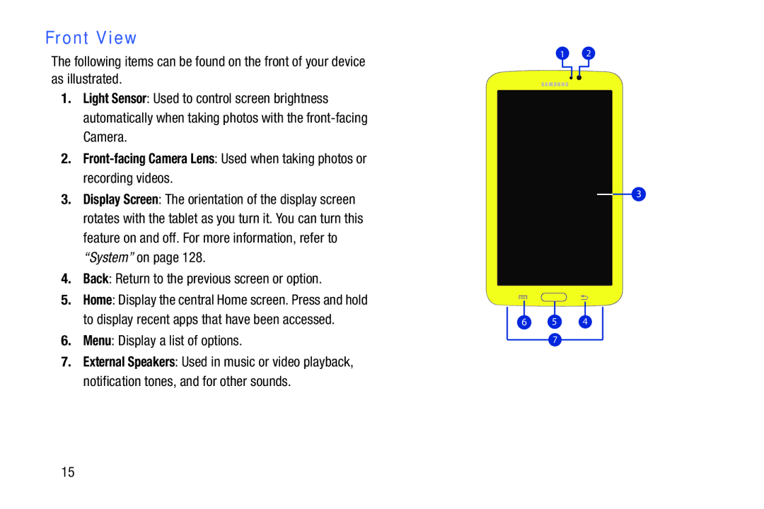 Samsung SM-T2105GYYXAR user manual Front View, Back Return to the previous screen or option, Menu Display a list of options 