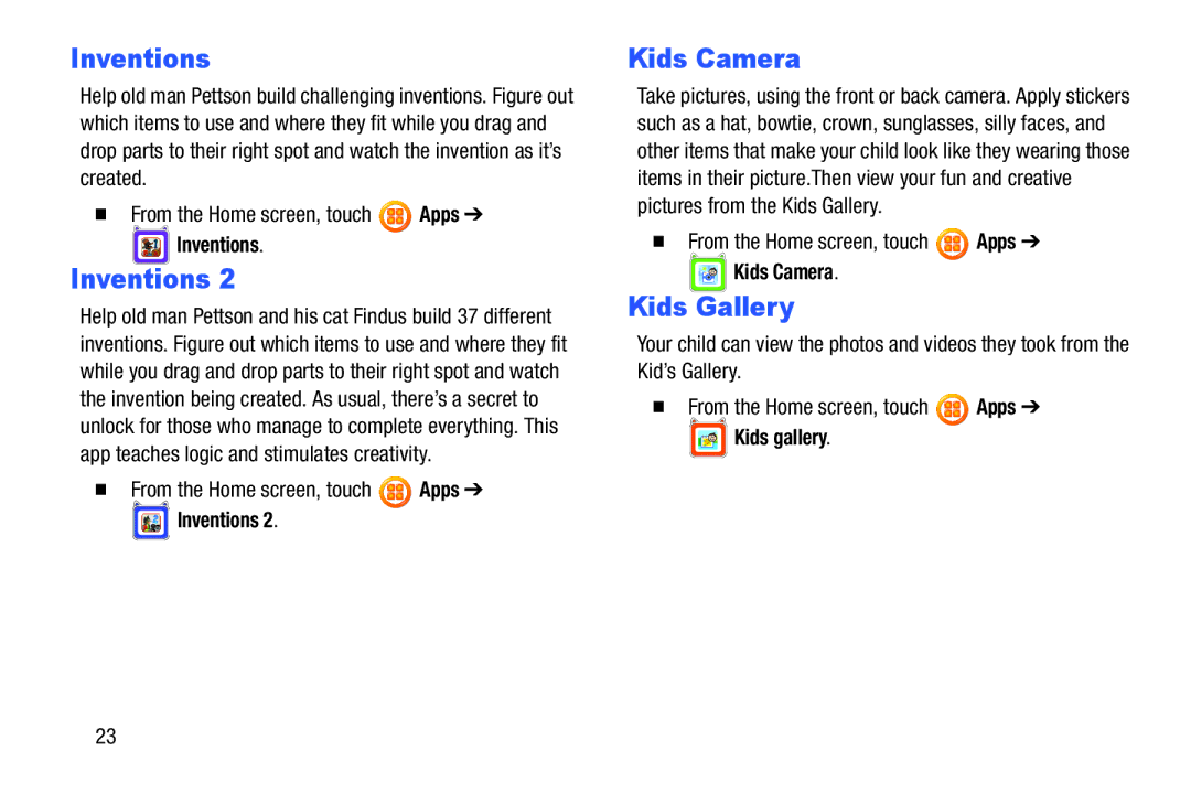 Samsung SM-T2105GYYXAR user manual Inventions, Kids Camera, Kids Gallery 