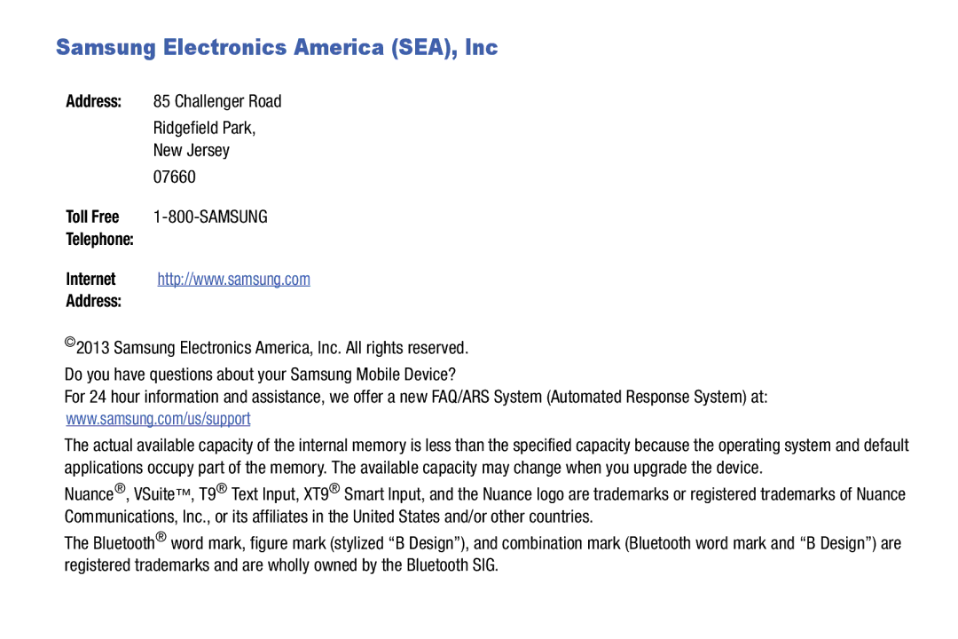 Samsung SM-T2105GYYXAR user manual Samsung Electronics America SEA, Inc, Telephone Address 