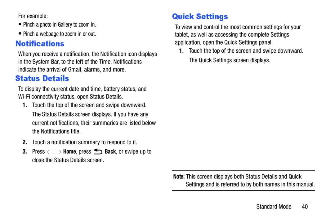 Samsung SM-T2105GYYXAR user manual Notifications, Status Details, Touch a notification summary to respond to it 