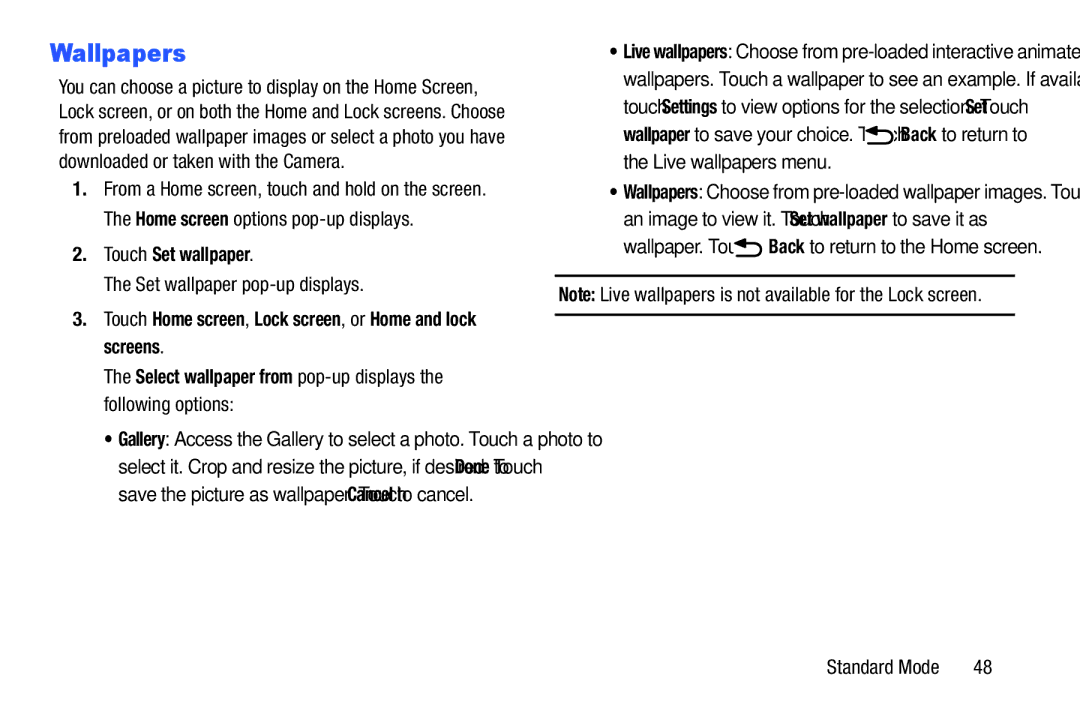 Samsung SM-T2105GYYXAR user manual Wallpapers, Touch Set wallpaper, Set wallpaper pop-up displays 