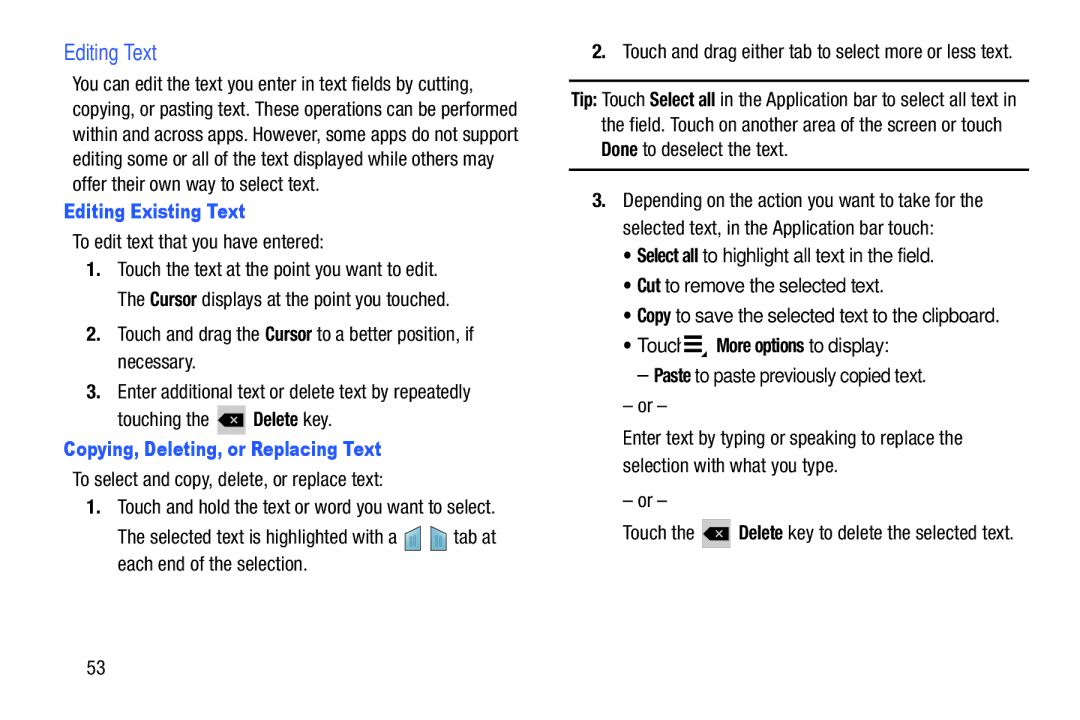 Samsung SM-T2105GYYXAR user manual Editing Text, Editing Existing Text, To edit text that you have entered 