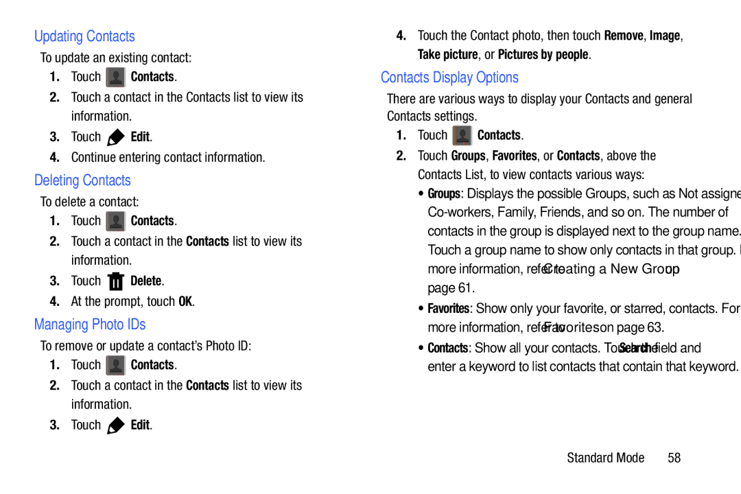 Samsung SM-T2105GYYXAR Updating Contacts, Deleting Contacts, Managing Photo IDs, Contacts Display Options, Touch Contacts 