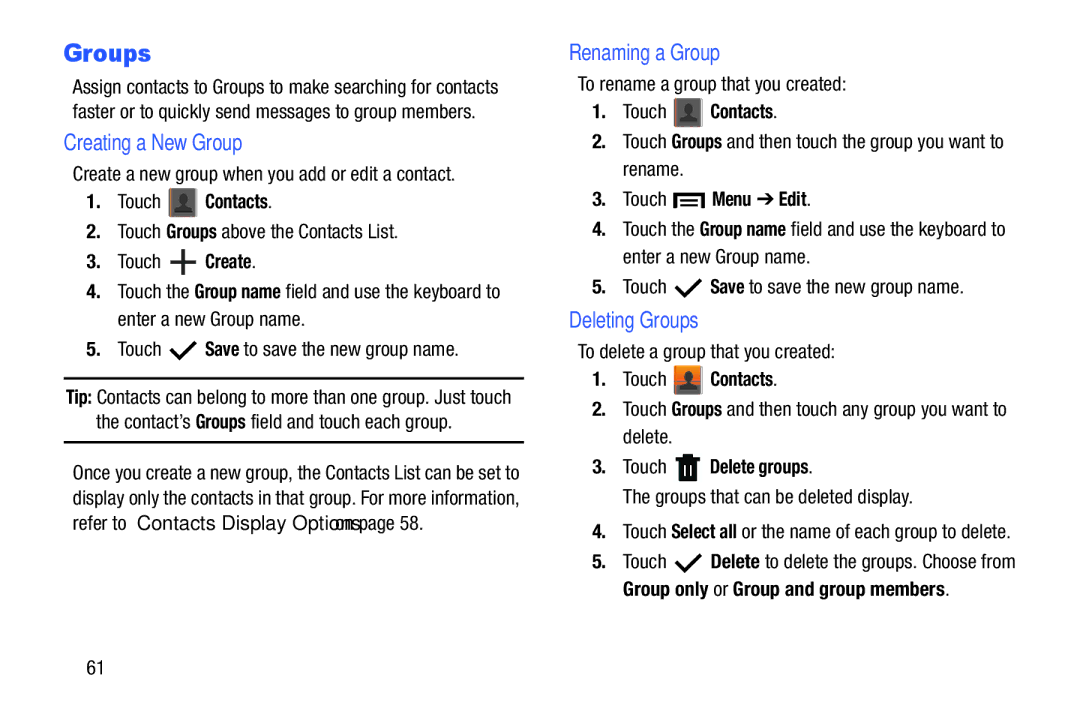 Samsung SM-T2105GYYXAR user manual Creating a New Group, Renaming a Group, Deleting Groups, Touch Delete groups 