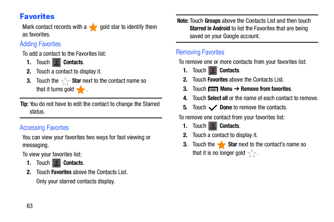 Samsung SM-T2105GYYXAR Adding Favorites, Accessing Favorites, Removing Favorites, Touch Menu Remove from favorites 