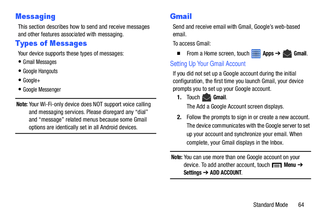 Samsung SM-T2105GYYXAR user manual Messaging, Types of Messages, Setting Up Your Gmail Account, Settings ADD Account 