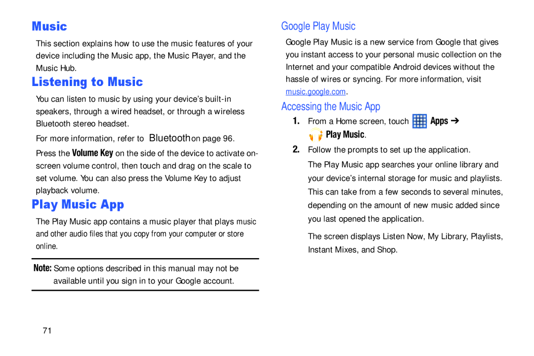 Samsung SM-T2105GYYXAR user manual Listening to Music, Play Music App, Google Play Music, Accessing the Music App 