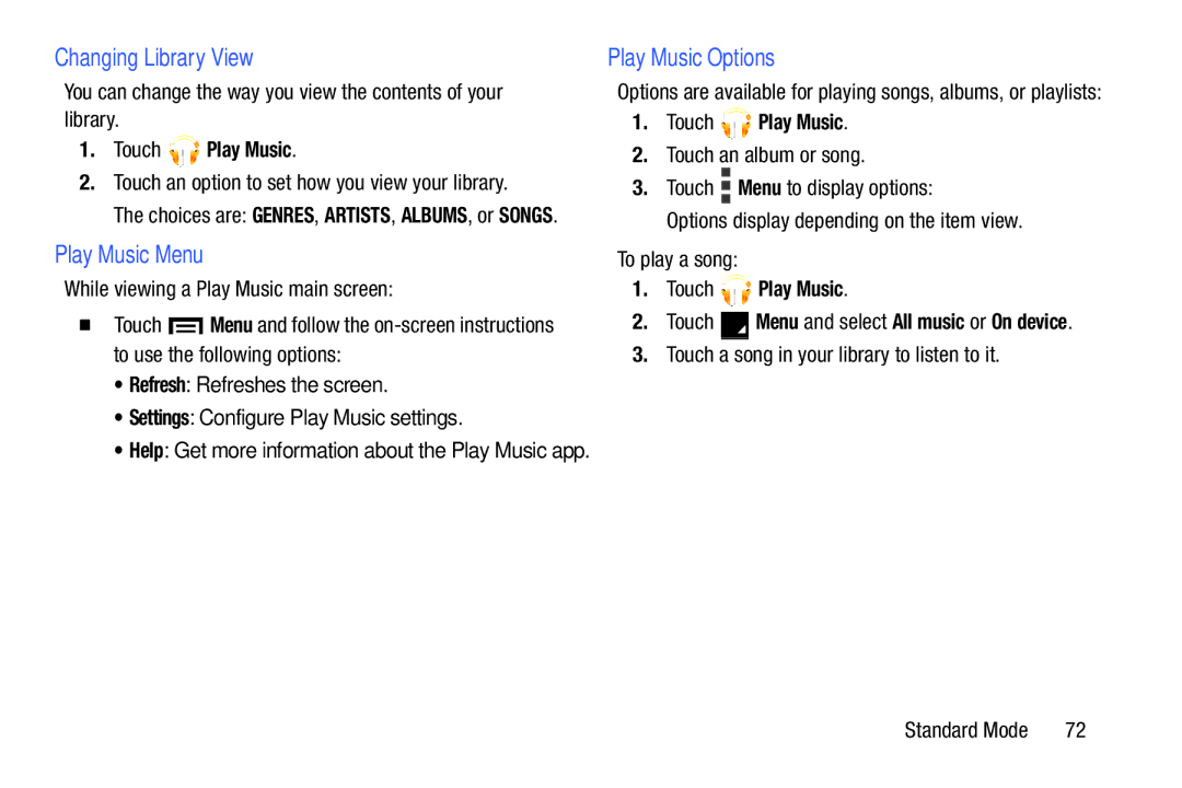 Samsung SM-T2105GYYXAR user manual Changing Library View, Play Music Menu, Play Music Options, Touch Play Music 