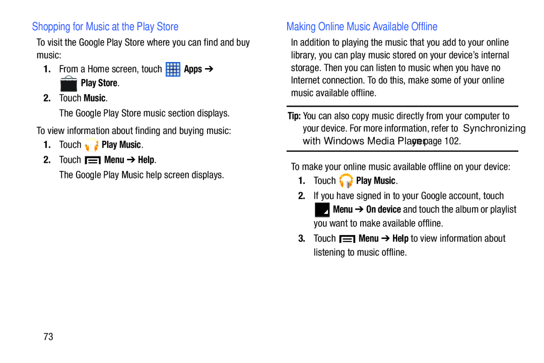 Samsung SM-T2105GYYXAR user manual Shopping for Music at the Play Store, Making Online Music Available Offline 