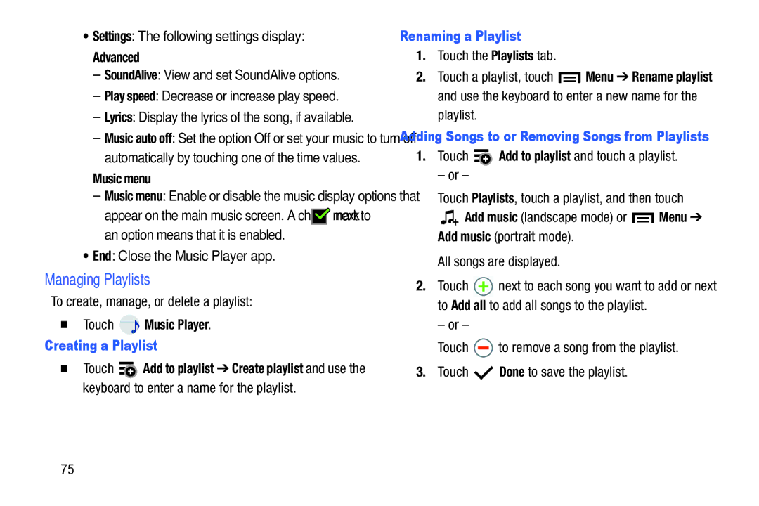 Samsung SM-T2105GYYXAR user manual Managing Playlists, Creating a Playlist, Renaming a Playlist 