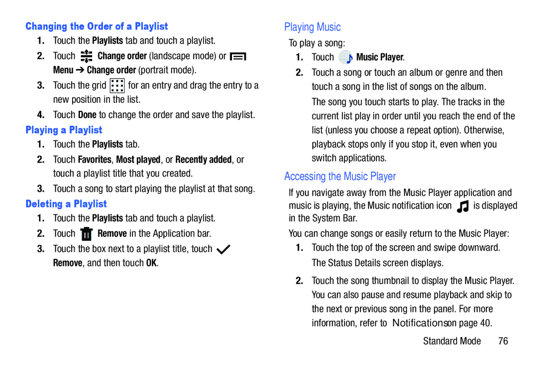 Samsung SM-T2105GYYXAR Playing Music, Accessing the Music Player, Changing the Order of a Playlist, Playing a Playlist 