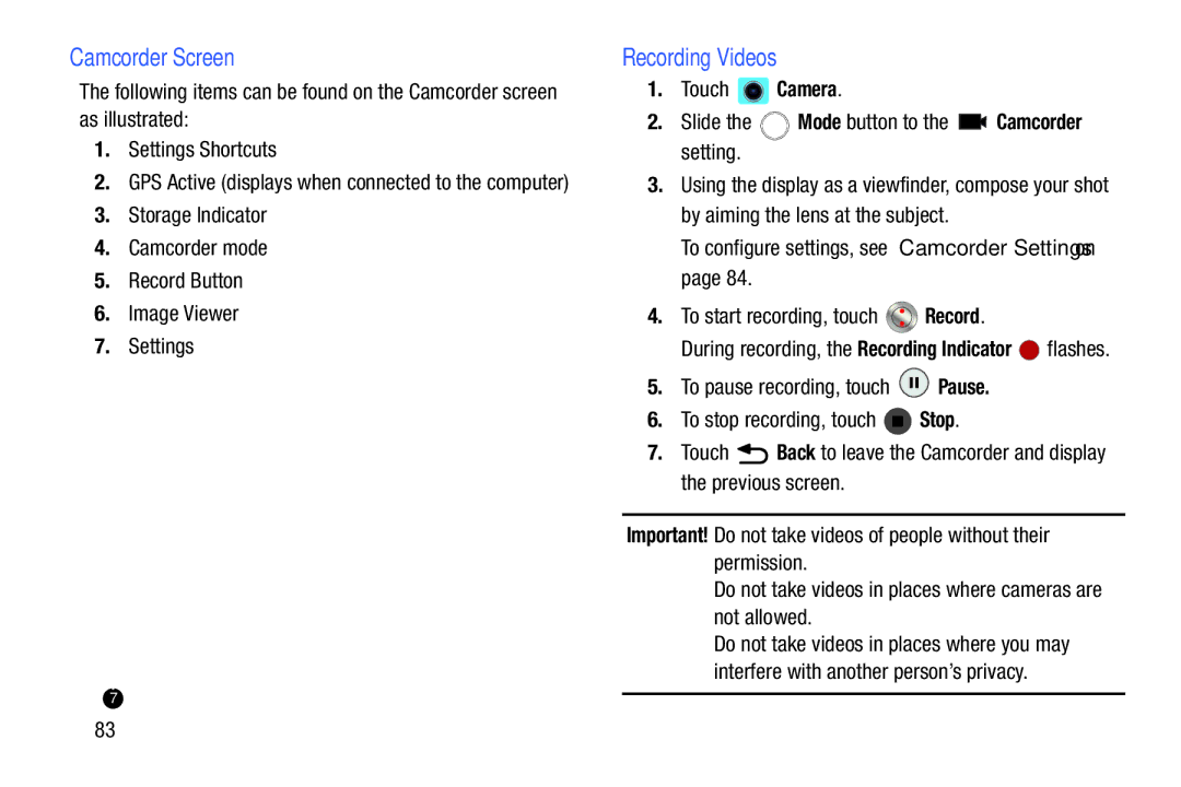 Samsung SM-T2105GYYXAR user manual Camcorder Screen, Recording Videos 