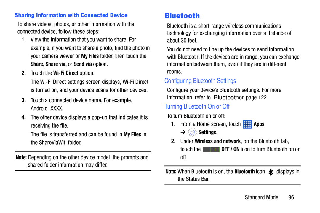 Samsung SM-T2105GYYXAR user manual Configuring Bluetooth Settings, Turning Bluetooth On or Off 