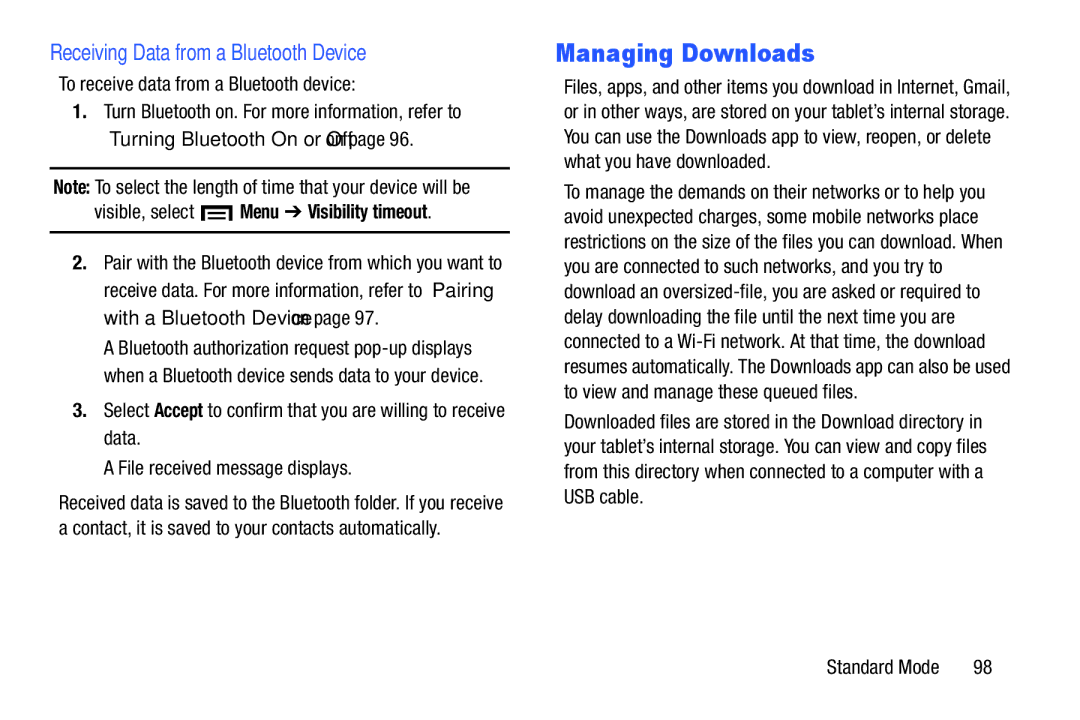 Samsung SM-T2105GYYXAR Managing Downloads, Receiving Data from a Bluetooth Device, To receive data from a Bluetooth device 