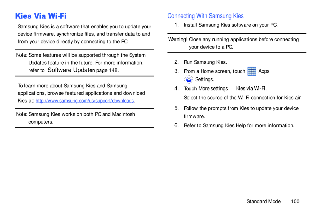 Samsung SM-T2105GYYXAR Kies Via Wi-Fi, Connecting With Samsung Kies, Settings Touch More settings Kies via Wi-Fi, 100 