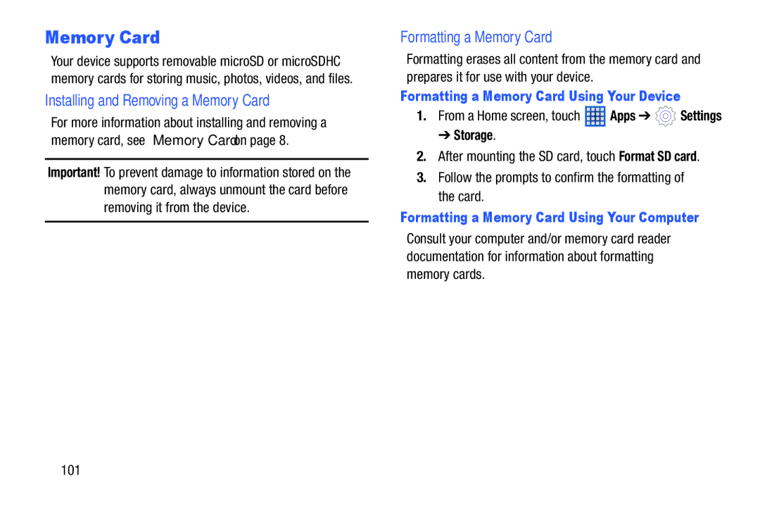 Samsung SM-T2105GYYXAR user manual Installing and Removing a Memory Card, Formatting a Memory Card, Storage 