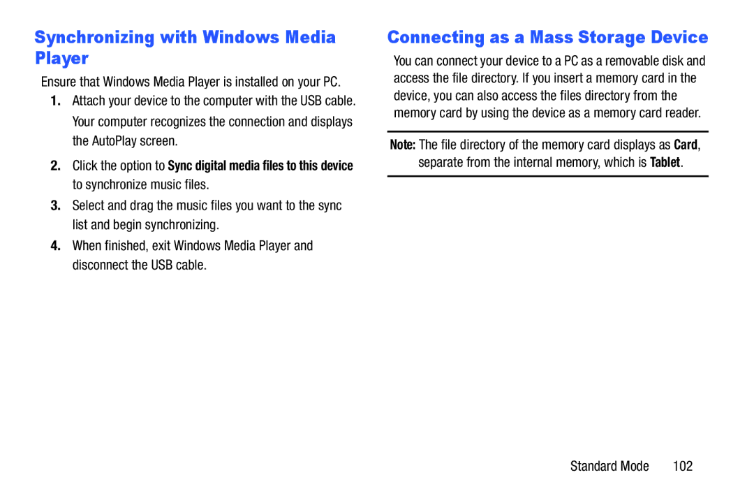 Samsung SM-T2105GYYXAR user manual Synchronizing with Windows Media Player, Connecting as a Mass Storage Device, 102 