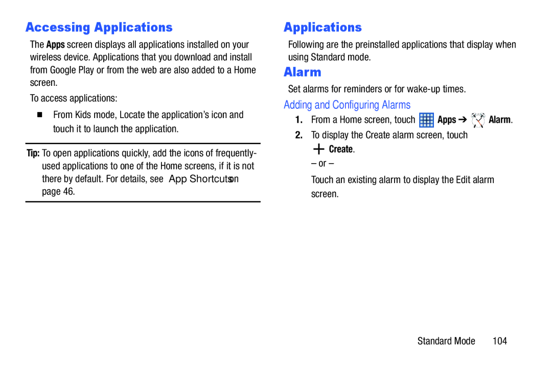 Samsung SM-T2105GYYXAR user manual Accessing Applications, Adding and Configuring Alarms 