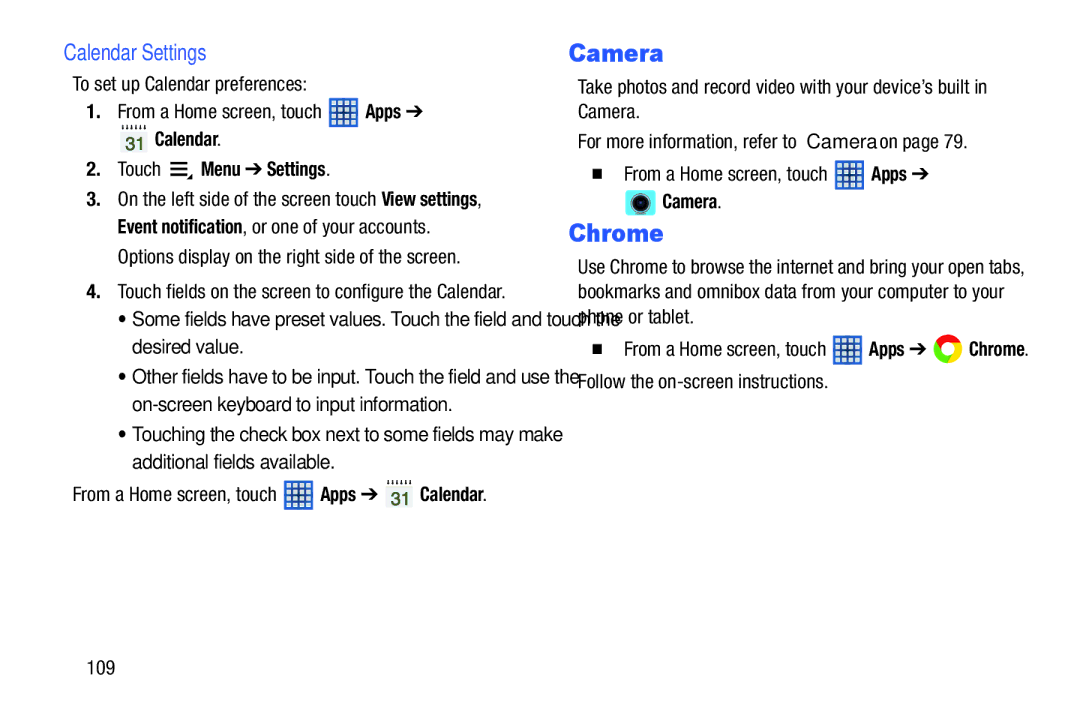 Samsung SM-T2105GYYXAR user manual Chrome, Calendar Settings, Calendar Touch Menu Settings 