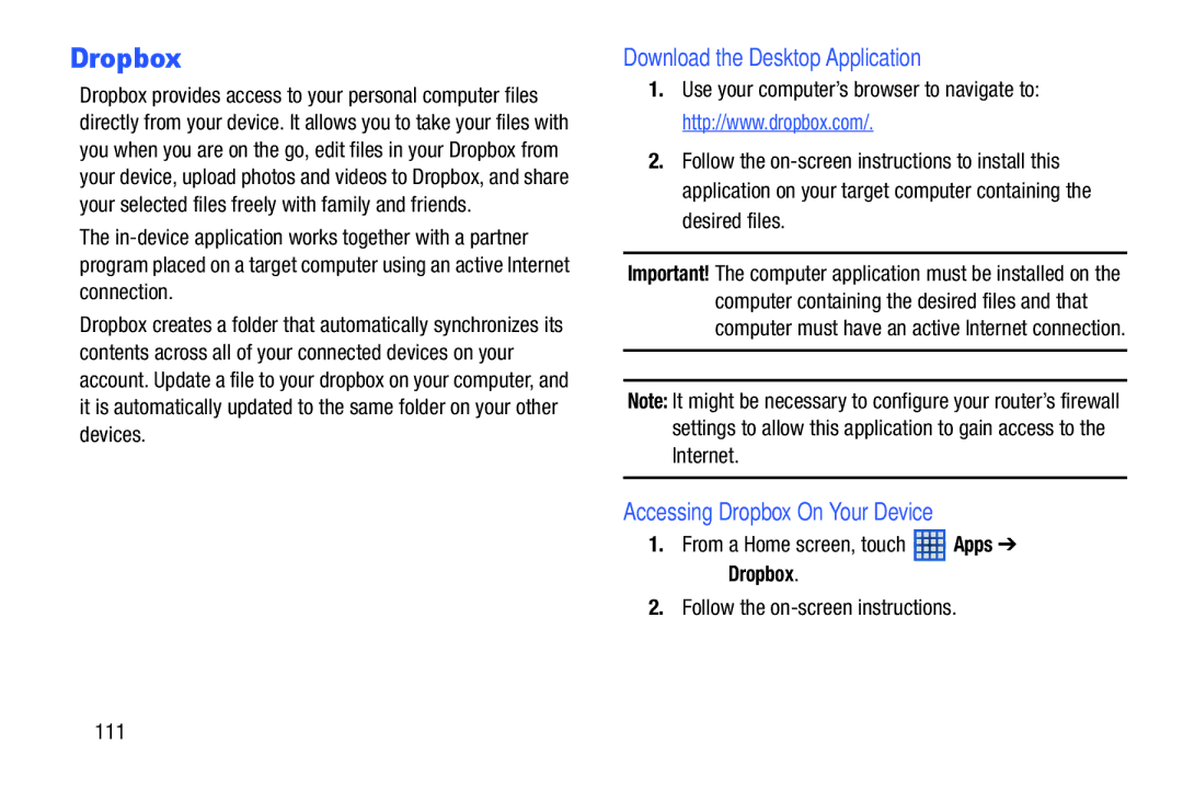 Samsung SM-T2105GYYXAR user manual Download the Desktop Application, Accessing Dropbox On Your Device 