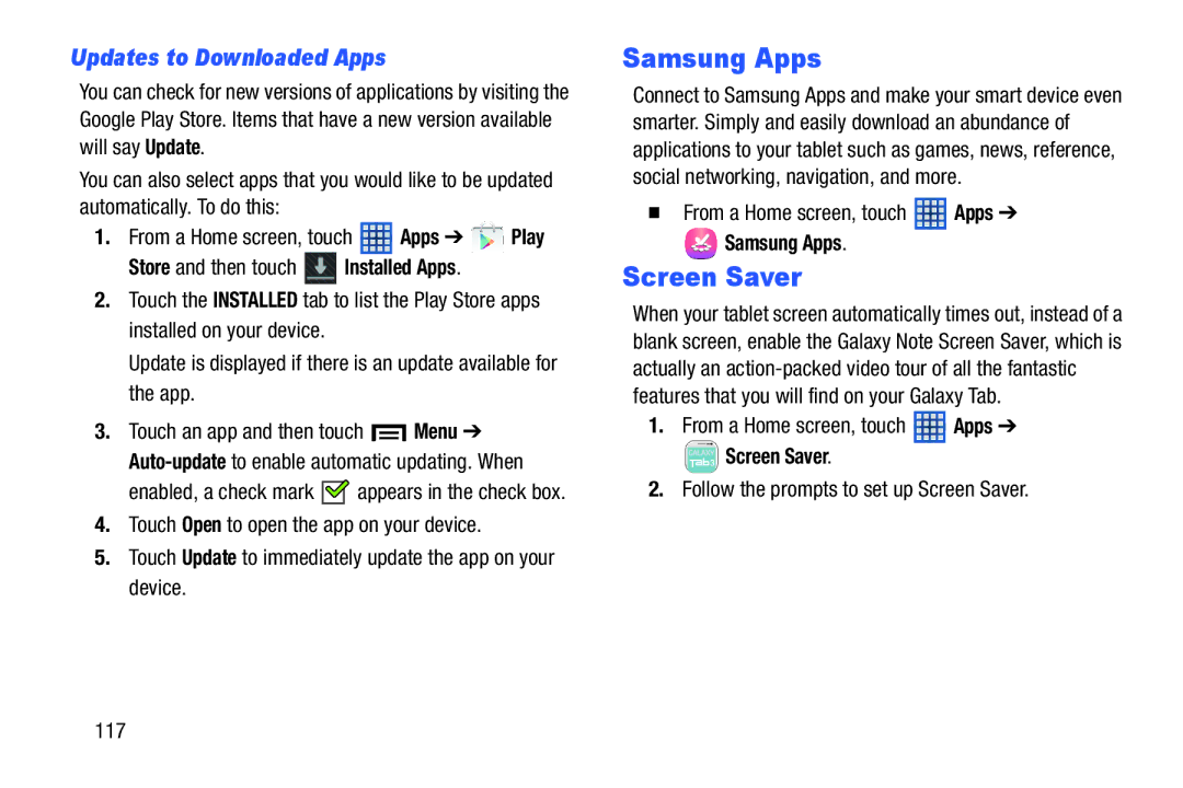 Samsung SM-T2105GYYXAR user manual Samsung Apps, Screen Saver, Updates to Downloaded Apps 