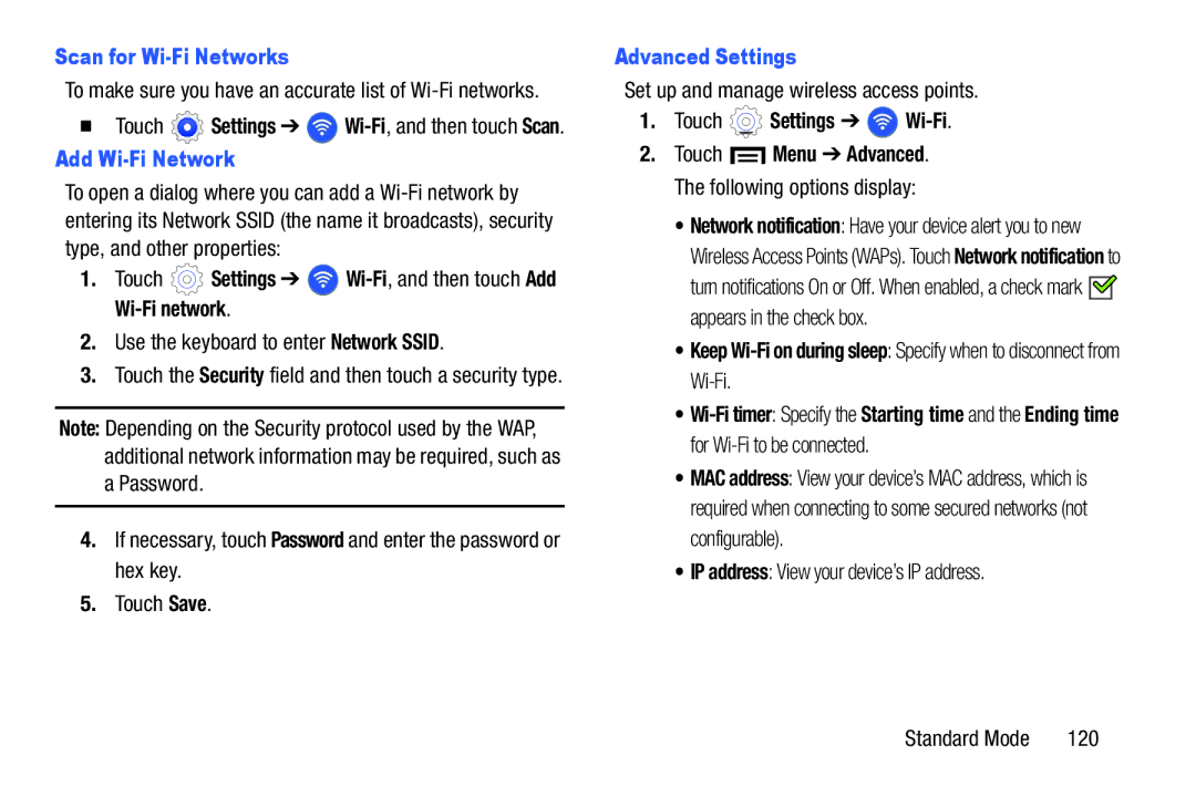 Samsung SM-T2105GYYXAR user manual Scan for Wi-Fi Networks, Add Wi-Fi Network, Advanced Settings, Touch Settings Wi-Fi 